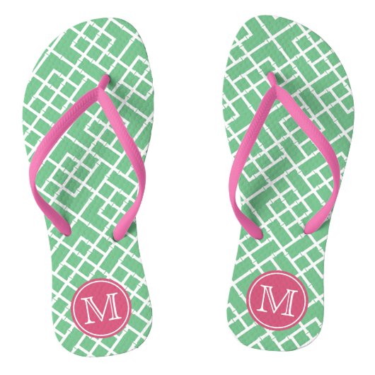 Preppy Pink & Green Bamboo Lattice Monogram Teenslippers (Voetbed)