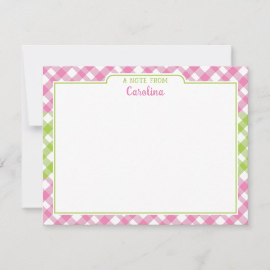 Preppy Pink Green Gingham Girly Stationery Notitiekaartje (Voorkant)