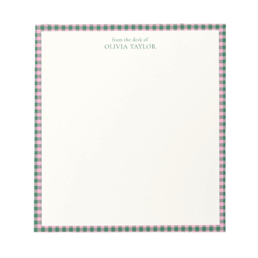 Preppy Pink Green Gingham Plaid Personalized Name Notitieblok (Voorkant)