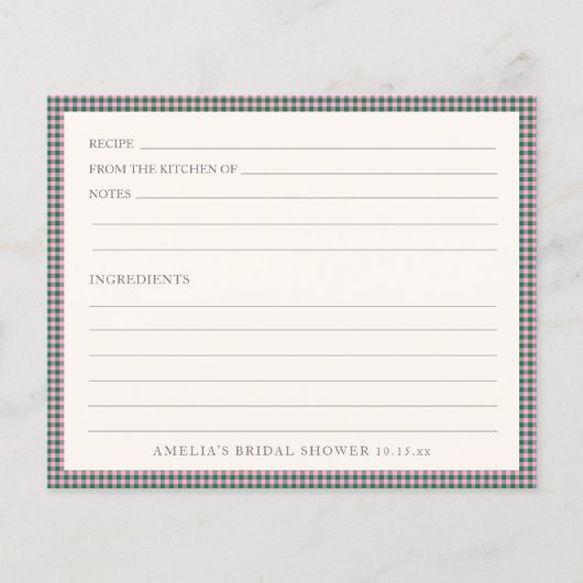 Preppy Pink Green Gingham Shower Recipe Card (Voorkant)