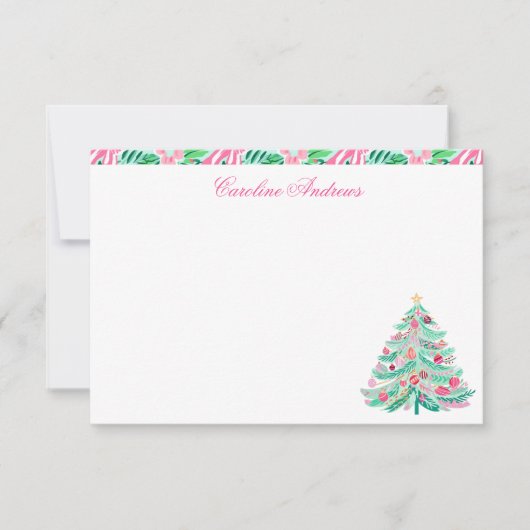 Preppy Pink & Green Palm Beach Kerstboom Bedankkaart (Voorkant)