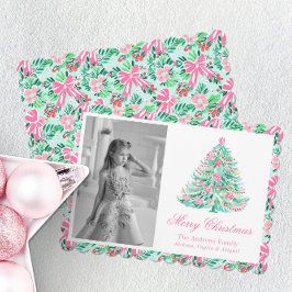 Preppy Pink & Green Palm Beach Kerstboom Feestdagenkaart