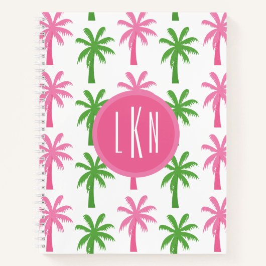 Preppy Pink & Green Palm Trees Monogram Notitieboe Notitieboek (Voorkant)