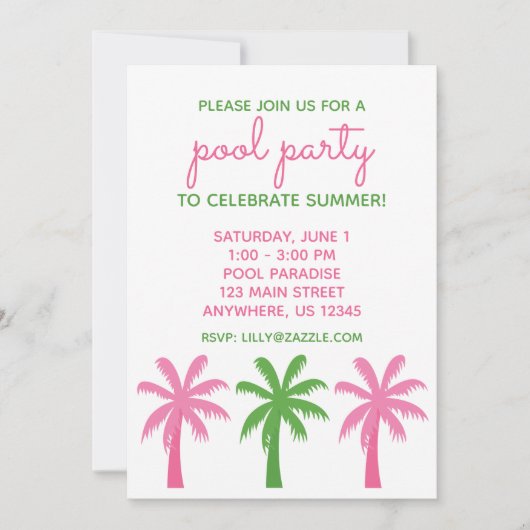 Preppy Pink & Green Palm Trees Party Uitnodigingen (Voorkant)