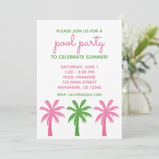 Preppy Pink & Green Palm Trees Party Uitnodigingen (Staand voorkant)