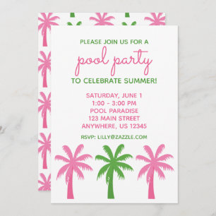 Preppy Pink & Green Palm Trees Party Uitnodigingen