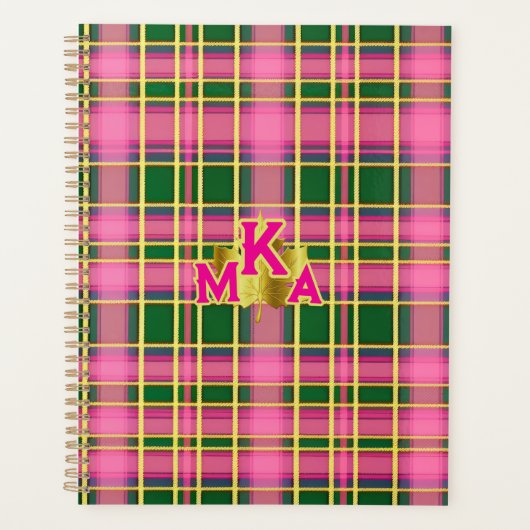 Preppy Pink & Green Plaid | Monogrammed Planner (Voorkant)