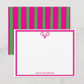 Preppy Pink & Green Tennis Flat Card Stationary Bedankkaart (Voorkant / Achterkant)