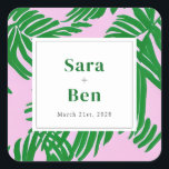 Preppy Pink   Groene Palm Trees Wedding Vierkante Sticker<br><div class="desc">Roze en groene palmboom bruiloft</div>