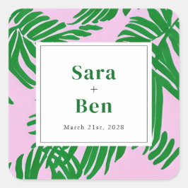 Preppy Pink + Groene Palm Trees Wedding Vierkante Sticker