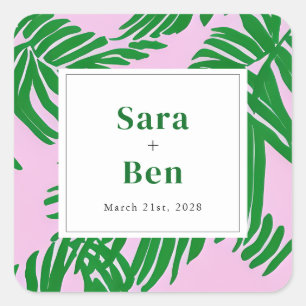 Preppy Pink + Groene Palm Trees Wedding Vierkante Sticker