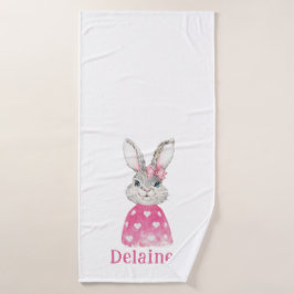 Preppy Pink Heart Bow Bunny Personalized Badhanddoek