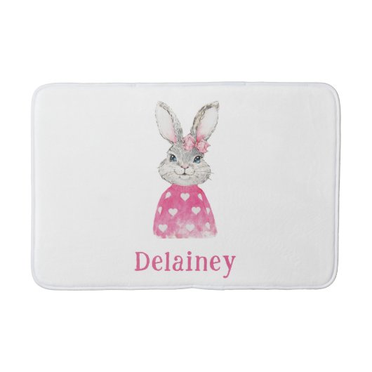 Preppy Pink Heart Bow Bunny Personalized Badmat (Voorkant)