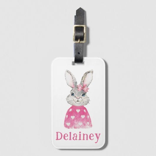 Preppy Pink Heart Bow Bunny Personalized Bagagelabel (Voorkant (verticaal))