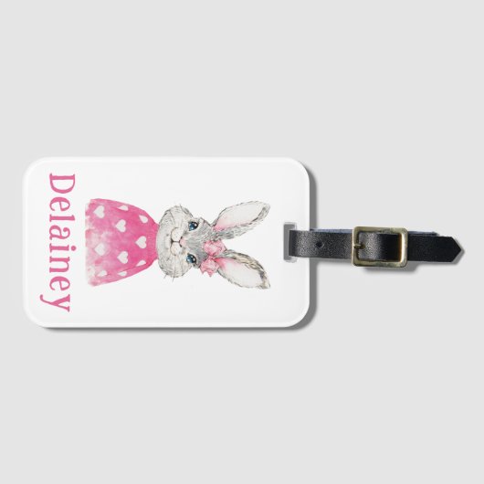 Preppy Pink Heart Bow Bunny Personalized Bagagelabel (Voorkant (horizontaal))