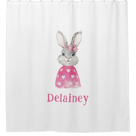 Preppy Pink Heart Bow Bunny Personalized Douchegordijn (Voorkant)