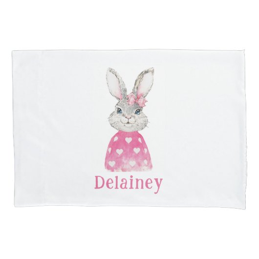 Preppy Pink Heart Bow Bunny Personalized Kussensloop (Voorkant)