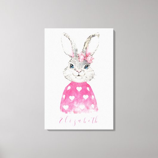 Preppy Pink Heart Personalized Bunny Canvas Afdruk (Voorkant)