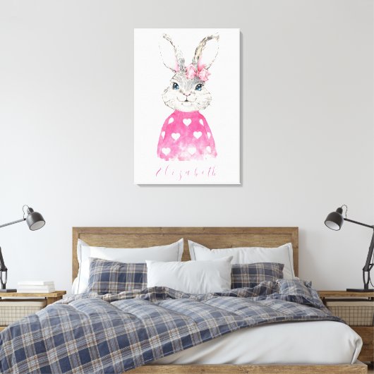 Preppy Pink Heart Personalized Bunny Canvas Afdruk (Insitu (Slaapkamer))