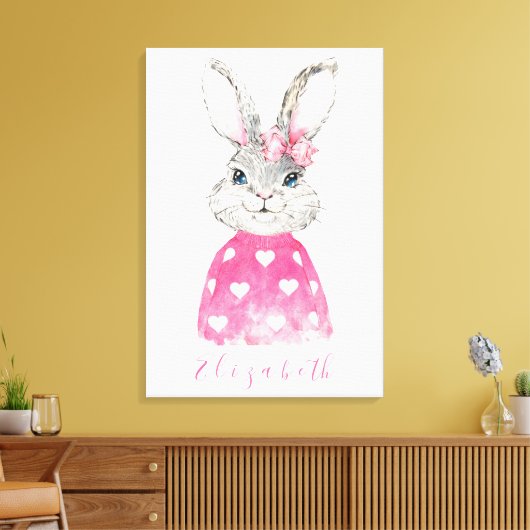 Preppy Pink Heart Personalized Bunny Canvas Afdruk (Insitu (Woonkamer))