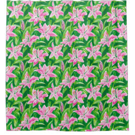 Preppy Pink Lily Floral Chic Botanical Bathroom  Douchegordijn