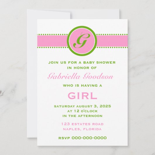 Preppy Pink & Lime Green Monogram Striped 2 Baby Kaart (Voorkant)