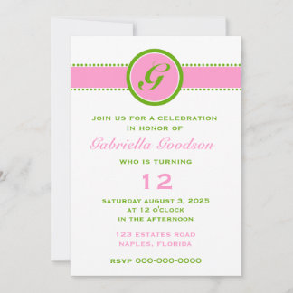 Preppy Pink & Lime Green Monogram Striped Surprise Kaart