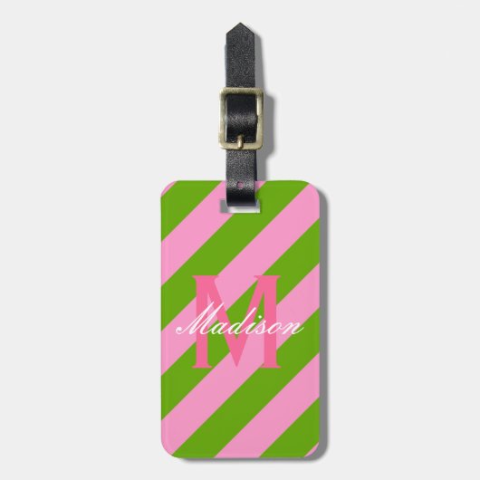 Preppy Pink & Lime Green Striped Monogram Bagagelabel (Voorkant verticaal)