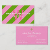 Preppy Pink & Lime Green Striped Monogram Visitekaartje (Voorkant / Achterkant)