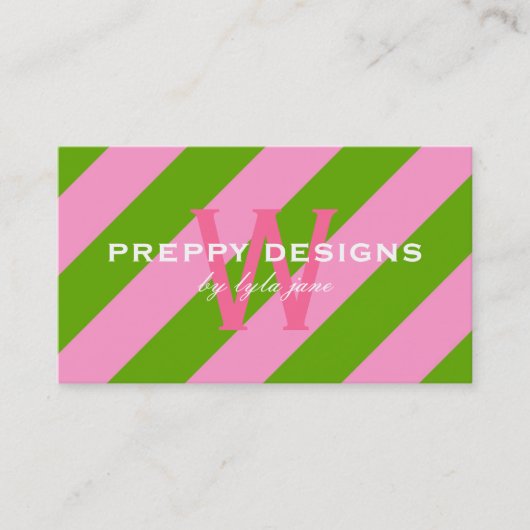 Preppy Pink & Lime Green Striped Monogram Visitekaartje (Voorkant)