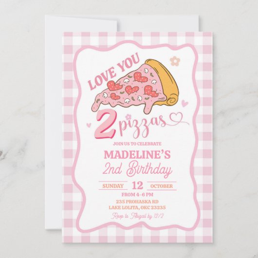 Preppy Pink Love You Two Pizza Party Verjaardag Kaart (Voorkant)