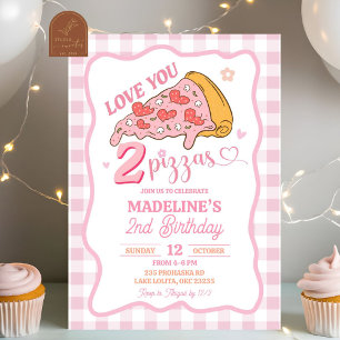 Preppy Pink Love You Two Pizza Party Verjaardag Kaart