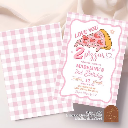 Preppy Pink Love You Two Pizza Party Verjaardag Kaart