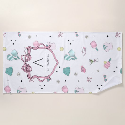 Preppy Pink Monogram Pickleball Gift for Her Strandlaken (Voorkant)
