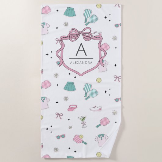 Preppy Pink Monogram Pickleball Gift for Her Strandlaken (Voorkant)