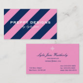 Preppy Pink & Navy Blue Striped Visitekaartje (Voorkant / Achterkant)