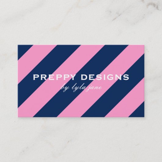 Preppy Pink & Navy Blue Striped Visitekaartje (Voorkant)