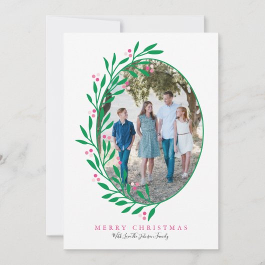 Preppy Pink Oval Kerstmis Wreatay Foto Feestdagenkaart (Voorkant)