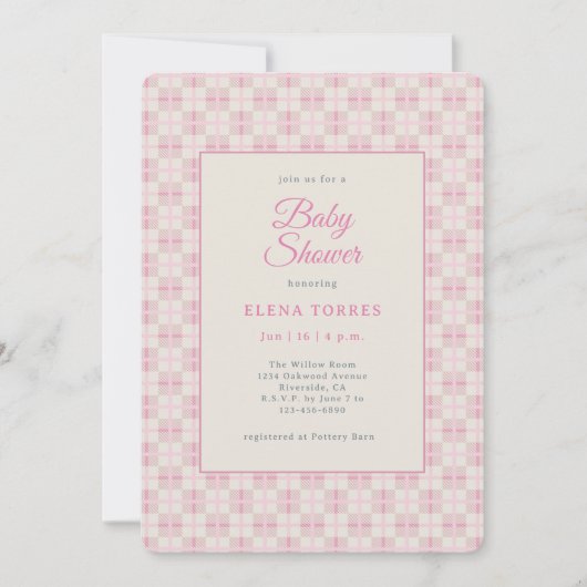 Preppy Pink Plaid Baby Shower Invitation Kaart (Voorkant)