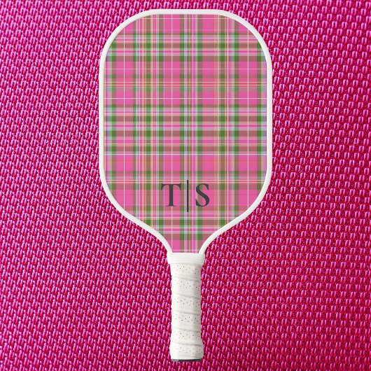 Preppy Pink Plaid Monogram Girly Tartan Pickleball Paddle