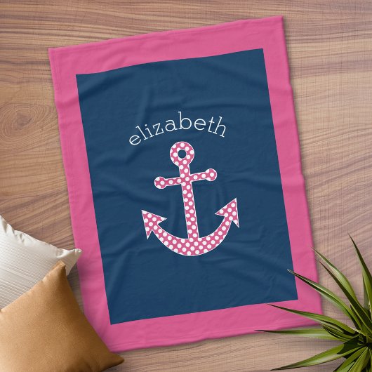 Preppy Pink Polka Dot Anchor met Navy Custom Name Fleece Deken