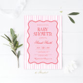 Preppy Pink Red Wavy Baby shower Girl Invitation Kaart