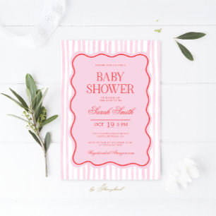 Preppy Pink Red Wavy Baby shower Girl Invitation Kaart