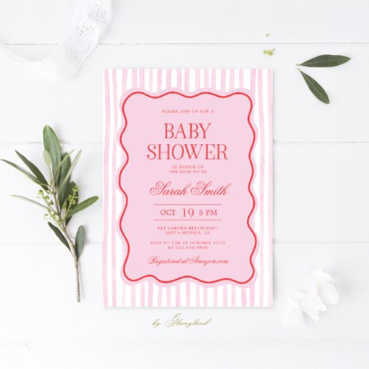 Preppy Pink Red Wavy Baby shower Girl Invitation Kaart