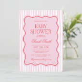 Preppy Pink Red Wavy Baby shower Girl Invitation Kaart (Staand voorkant)