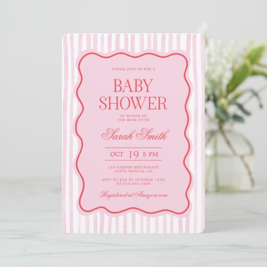Preppy Pink Red Wavy Baby shower Girl Invitation Kaart (Staand voorkant)