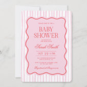 Preppy Pink Red Wavy Baby shower Girl Invitation Kaart (Voorkant)