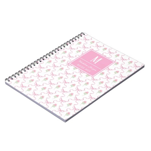Preppy Pink Ribbon Trellis met Rozen Monogram Notitieboek (Linkerzijde)