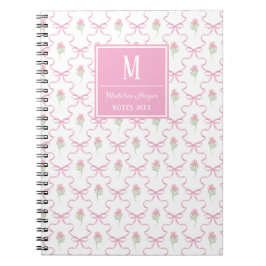 Preppy Pink Ribbon Trellis met Rozen Monogram Notitieboek