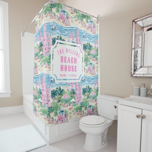 Preppy Pink Sand Castle | Beach House Douchegordijn (In situ)